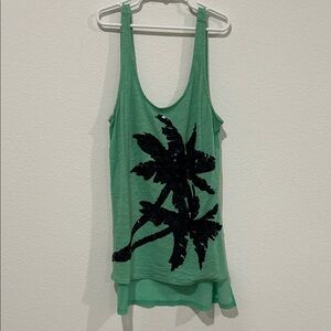 Express Green Tank Top with Black Palm Design